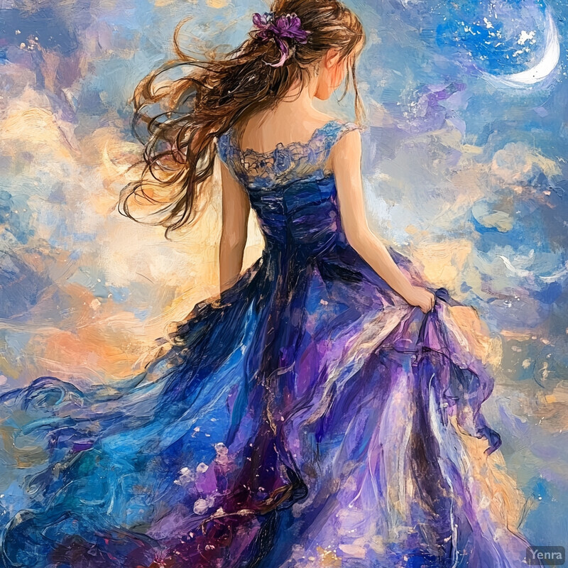 A woman in a purple dress stands facing away from the viewer, gazing out at the moonlit sky.