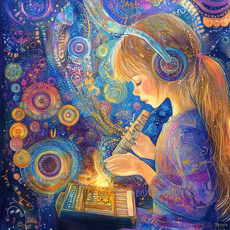 A young girl with long blonde hair and bangs, wearing headphones and holding a small device, surrounded by vibrant swirls and patterns in a deep blue background.