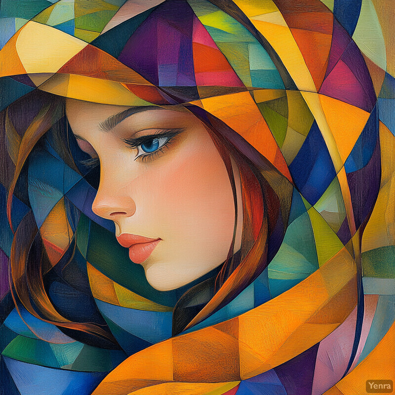 Abstract painting of a woman's face with vibrant geometric shapes