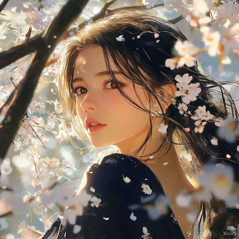 A young woman surrounded by blossoming trees on a sunny day