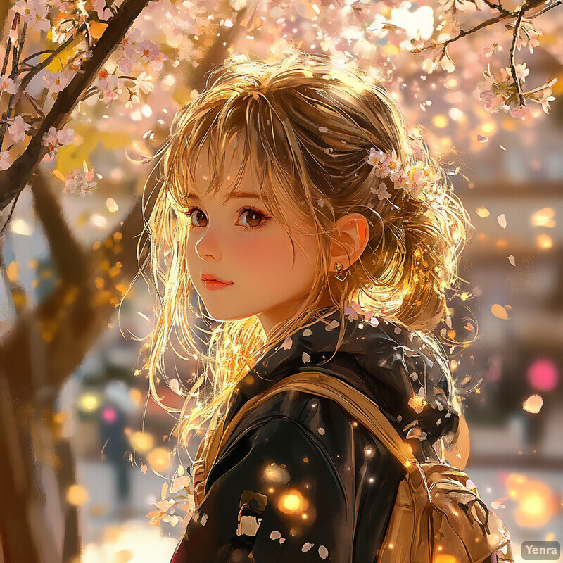 Anime-style illustration of a young woman under a cherry blossom tree