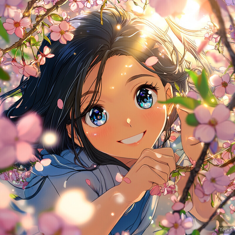 A young girl surrounded by cherry blossoms, smiling or laughing.