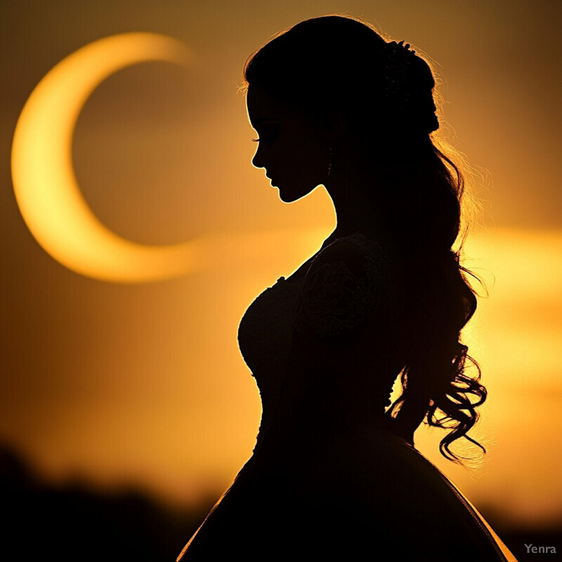 A woman's silhouette set against an orange sky with a crescent moon in the background.