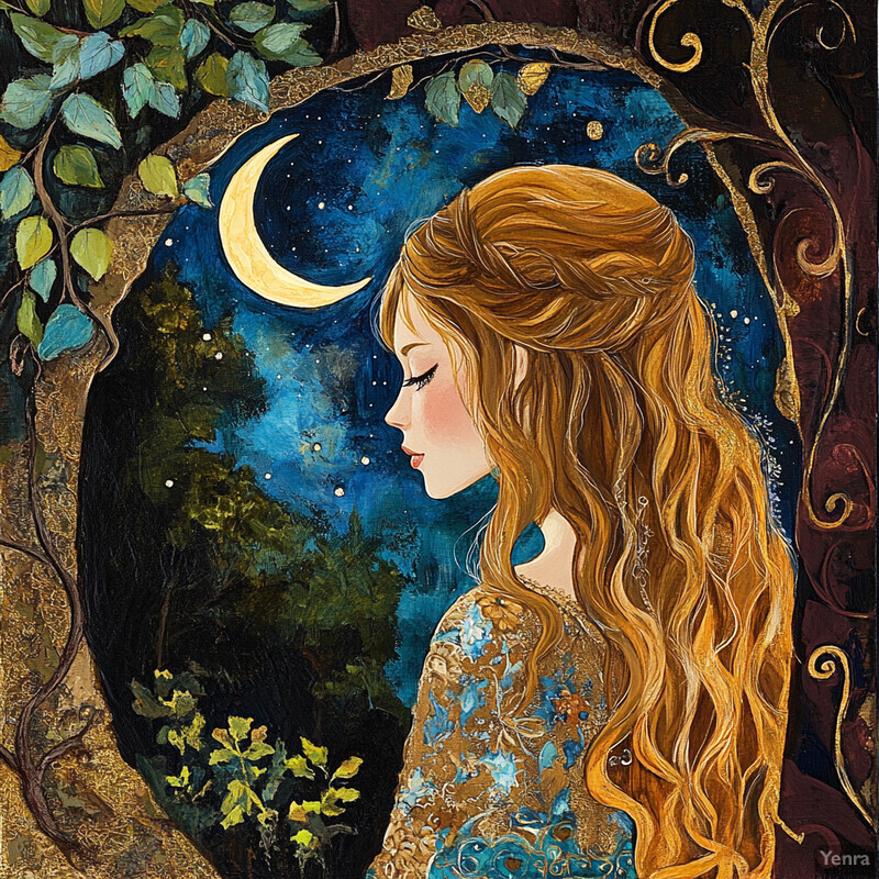 A woman with long hair and a blue dress stands in front of a dark background, lost in thought under a starry sky with a crescent moon.