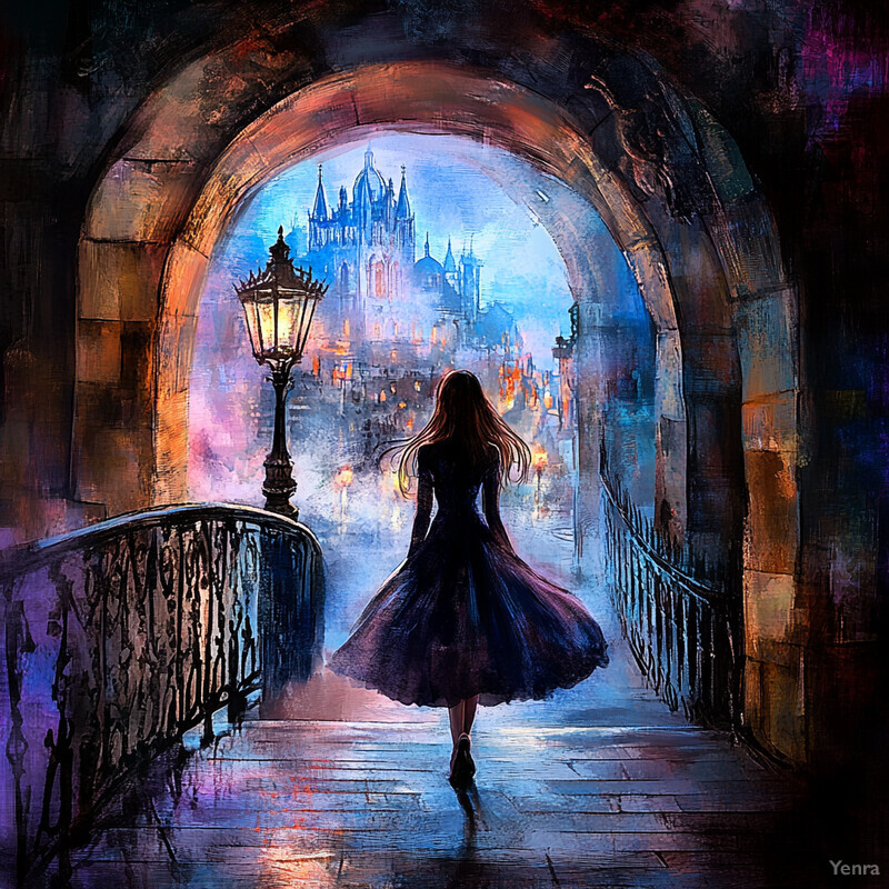 A woman walks through an archway into a cityscape, surrounded by ornate architecture and grandeur.