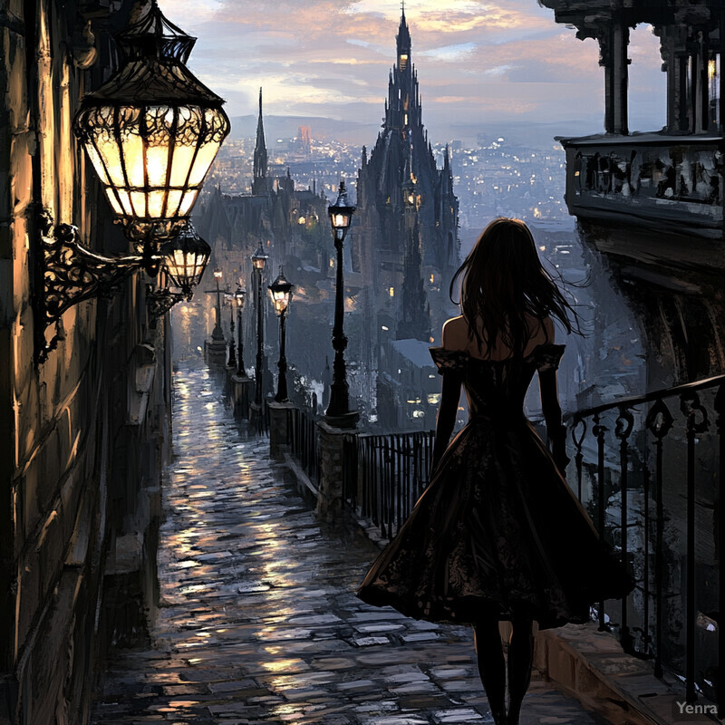 A woman in a black dress walks down a cobblestone street lined with ornate street lamps and buildings, set against a cityscape with Gothic-style architecture and a gray-pink sky.