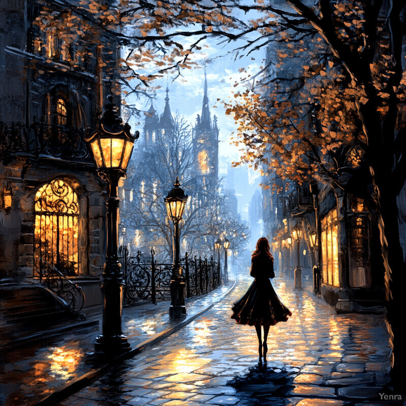 A woman walking down a wet cobblestone street at twilight