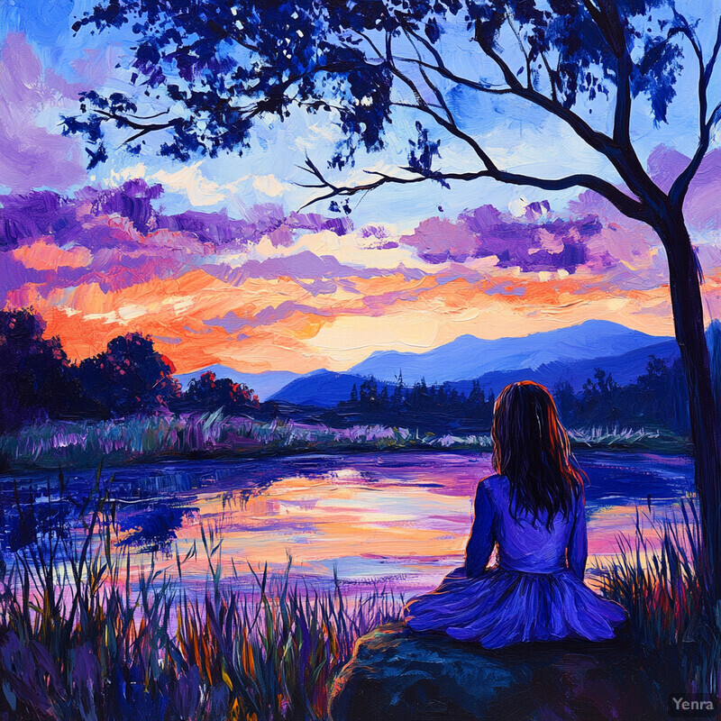 Serene riverbank scene with a woman in white, surrounded by nature