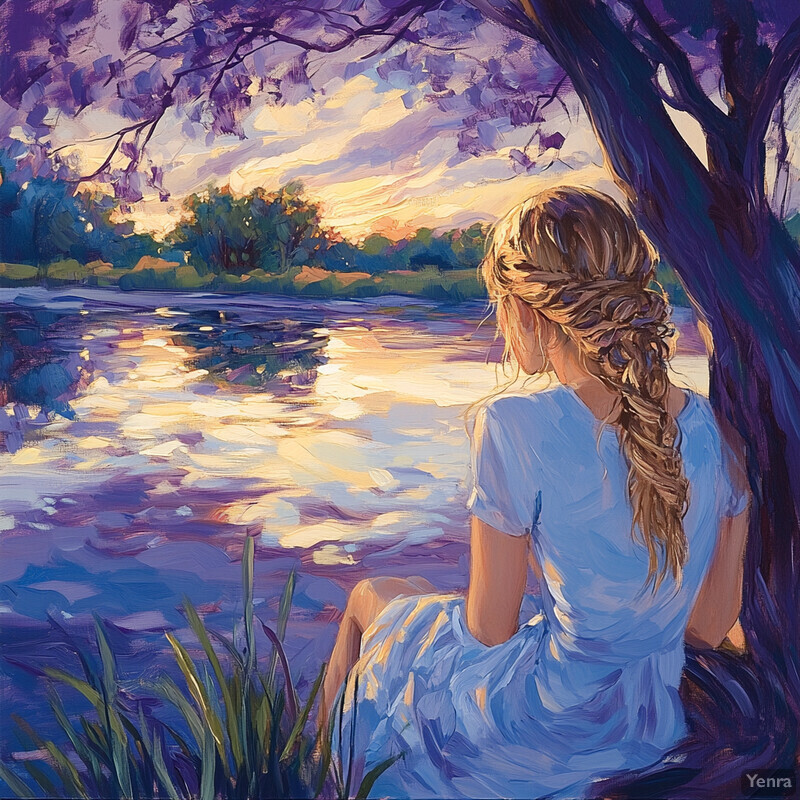 A serene scene of a woman sitting on the bank of a river, gazing out at the water's edge.