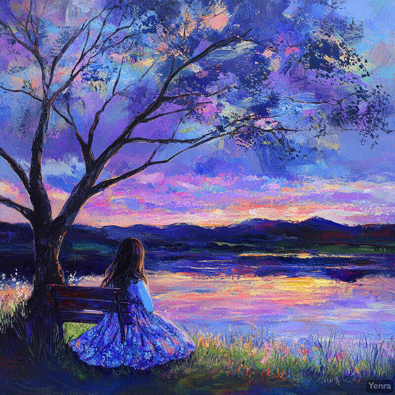 A woman sits on a bench, gazing out at a breathtaking sunset over a body of water, surrounded by nature's beauty.