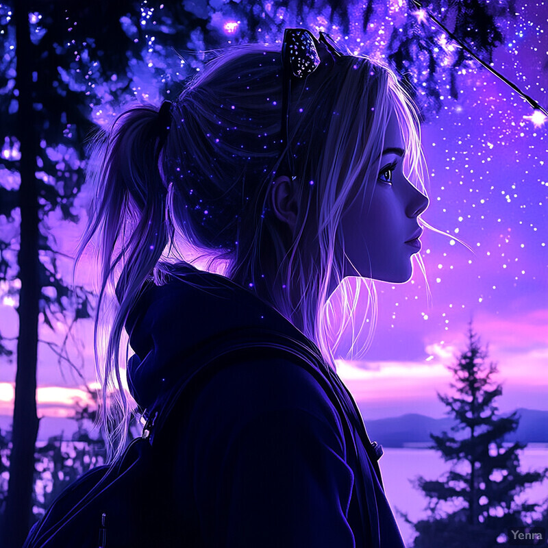 A young woman with long blonde hair and cat ears, lost in thought while gazing to the right.