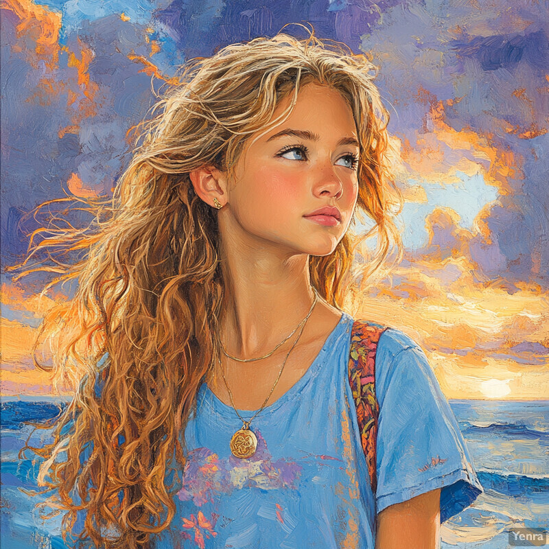 A young girl standing in front of a sunset over the ocean