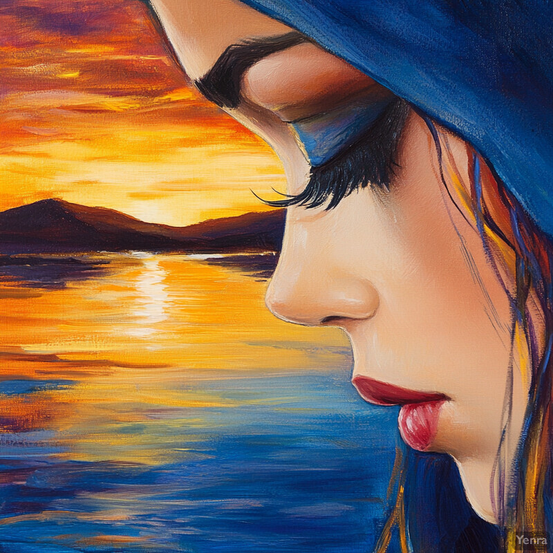 A serene painting of a woman's face at sunset