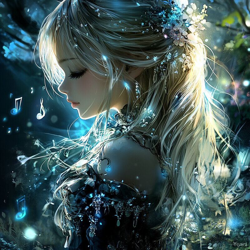 A young girl with long blonde hair and a dark blue dress covered in silver designs stands outdoors at night, surrounded by an aura of magic and wonder.