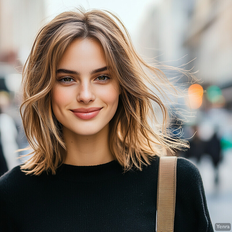 A young woman with shoulder-length hair walks down a city street, exuding casual elegance.