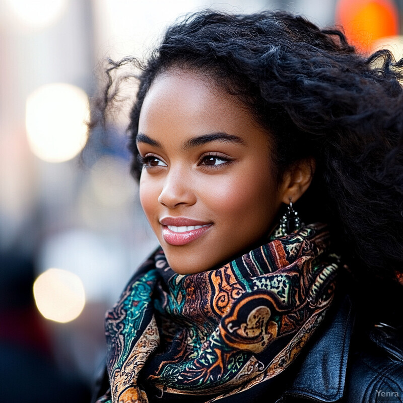 A young woman with dark skin and curly black hair, wearing a colorful scarf and leather jacket, poses confidently in an urban setting.