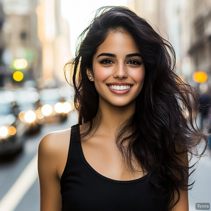 A young woman with dark hair and a black tank top stands on a city street