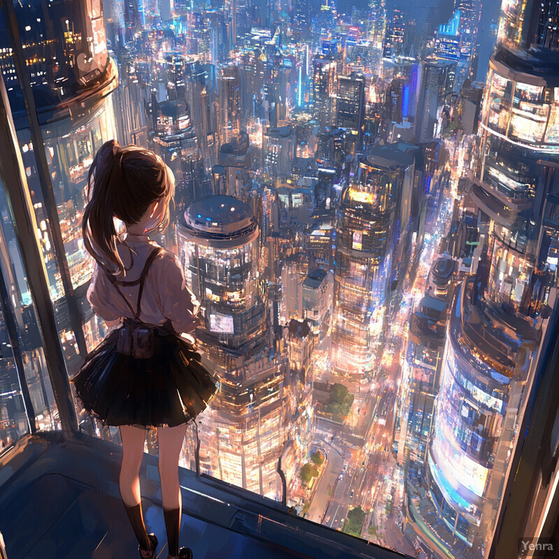 A young girl gazes out at an urban cityscape through a large window or glass wall, taking in the twinkling lights below.