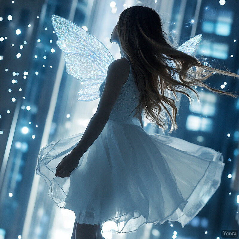 An urban fairy stands in front of a cityscape, looking up towards the sky.