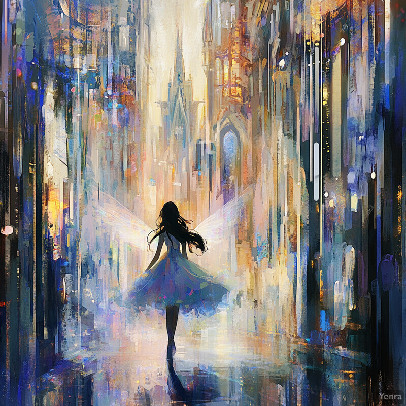 An urban fairy stands confidently in the middle of a city street, surrounded by towering buildings and bustling activity.