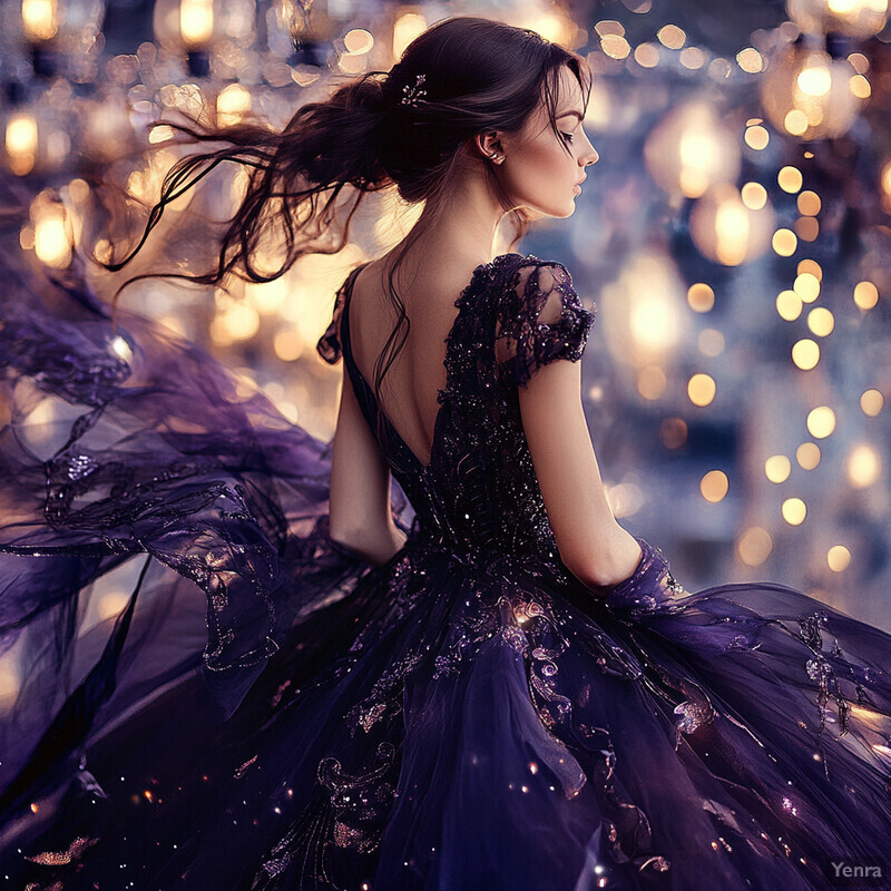 A woman in a stunning purple dress poses against a blurred cityscape at night