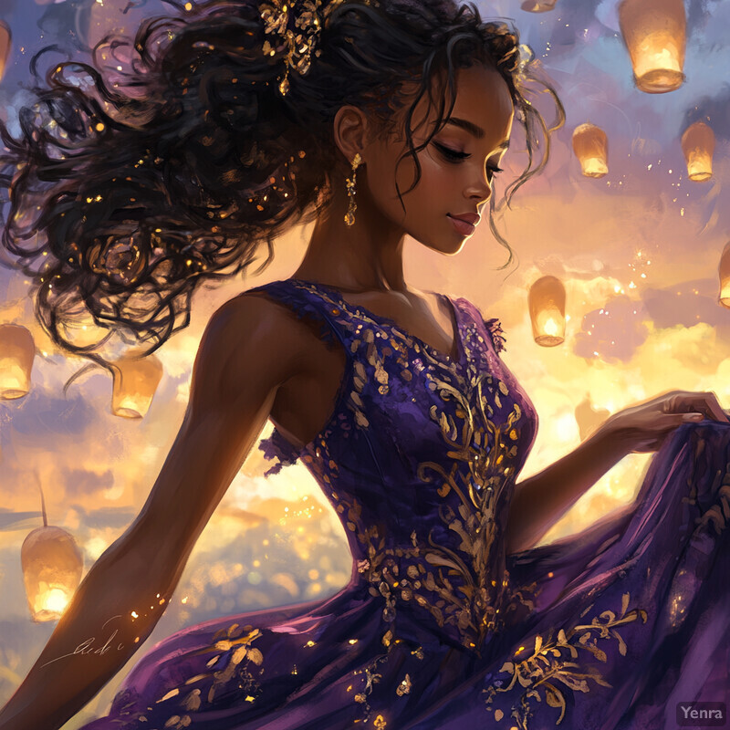 A woman in a purple dress admiring the sunset amidst floating lanterns.