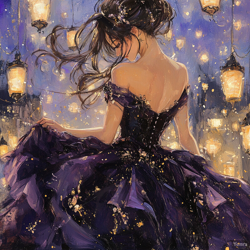 A woman in a beautiful purple ball gown is the central figure in this painting, set against an ethereal background.