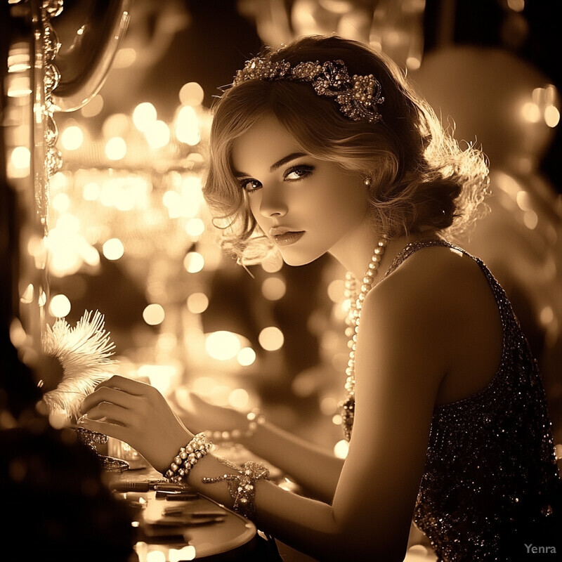 A woman in vintage attire exudes glamour and sophistication