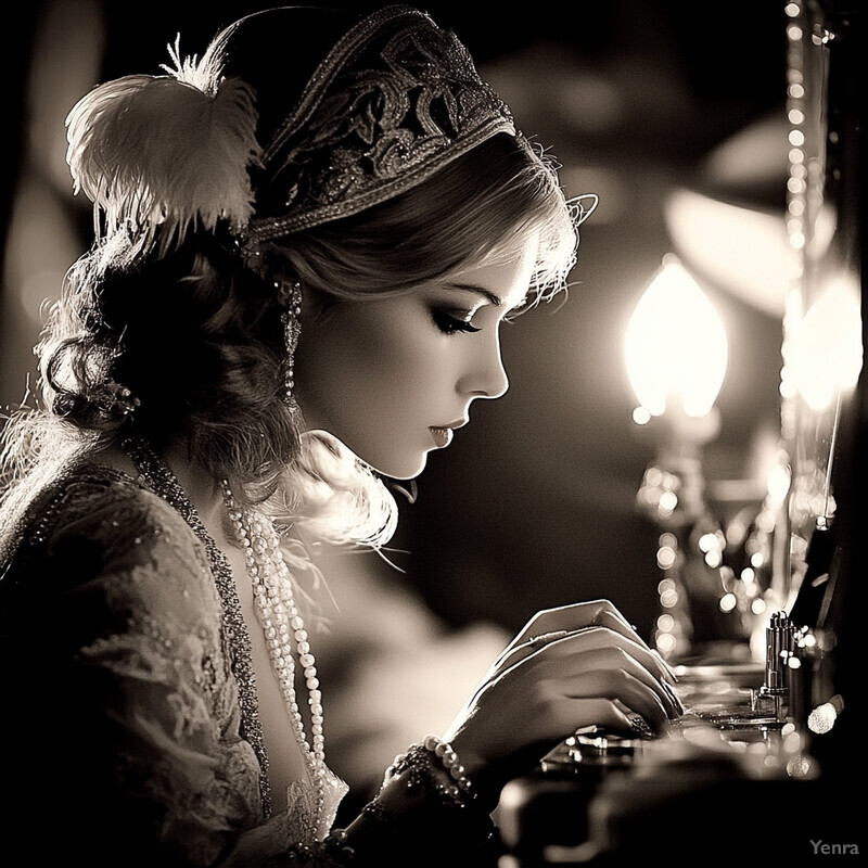 A woman in a vintage 1920s setting prepares for a night out or special occasion