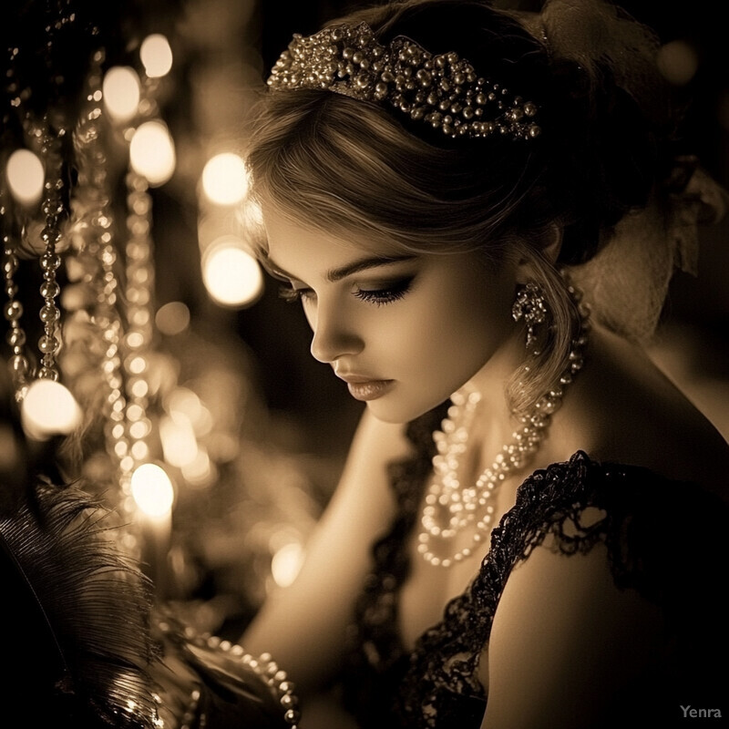 A woman in vintage attire poses elegantly, surrounded by soft lighting.