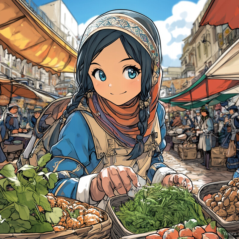 A young girl stands behind a stall at an outdoor market, holding a basket of fresh produce and engaging in conversation with someone off-camera.