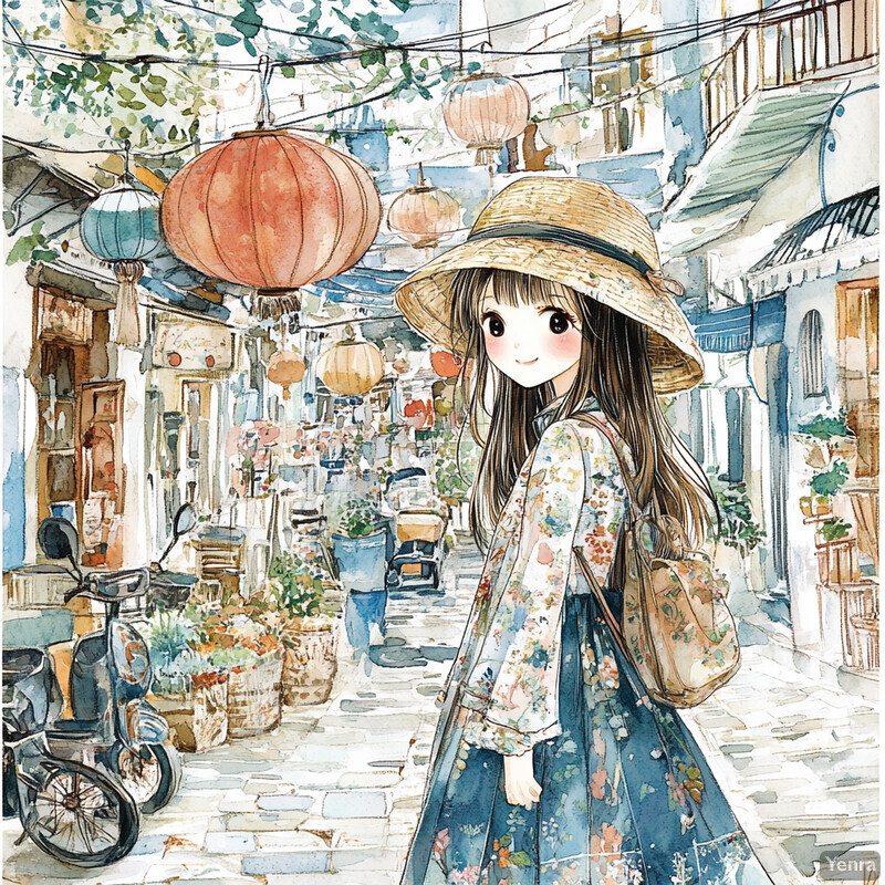 A young girl in a floral dress strolls down a charming street, surrounded by vibrant colors and lush greenery.