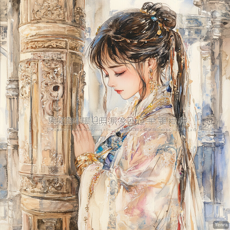 A young woman with dark hair and elegant attire stands beside an ornate column or pillar, exuding serenity and contemplation.