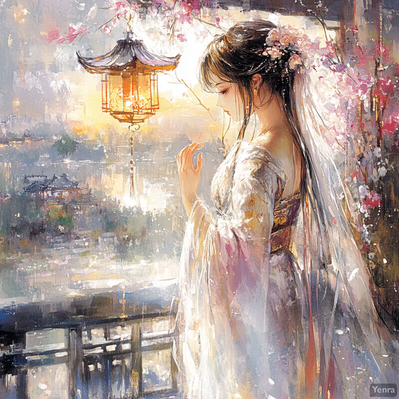 A serene and elegant scene of a woman in traditional Chinese attire standing on a balcony or veranda, gazing out at a cityscape.