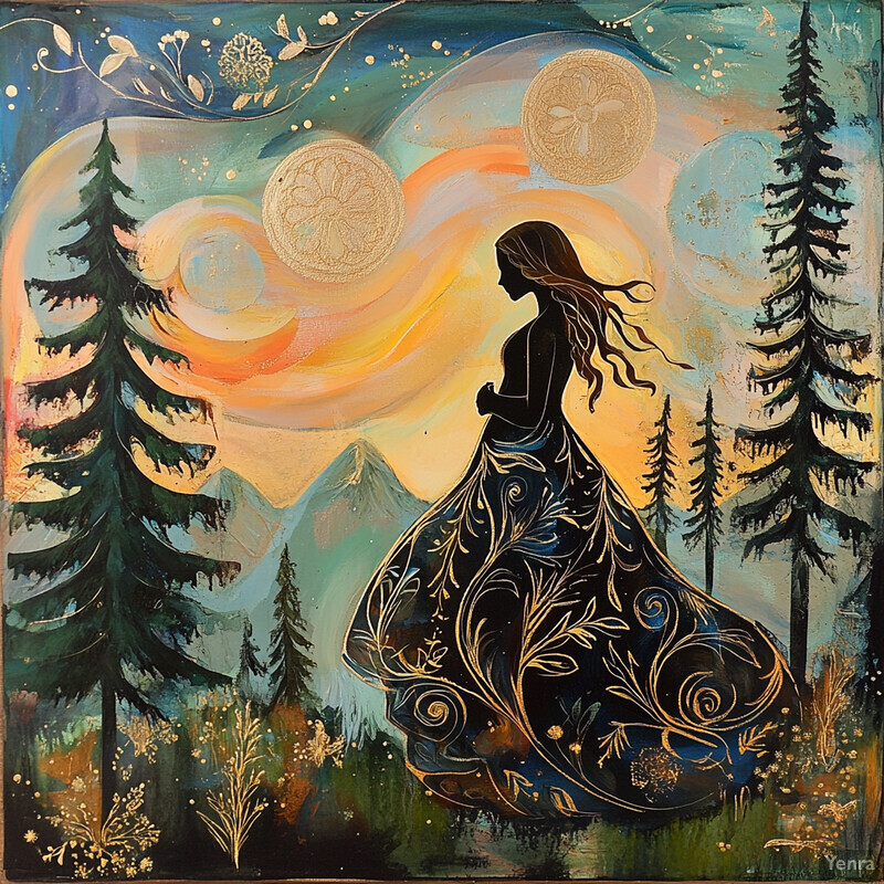 A woman embracing the aurora borealis in a forest setting