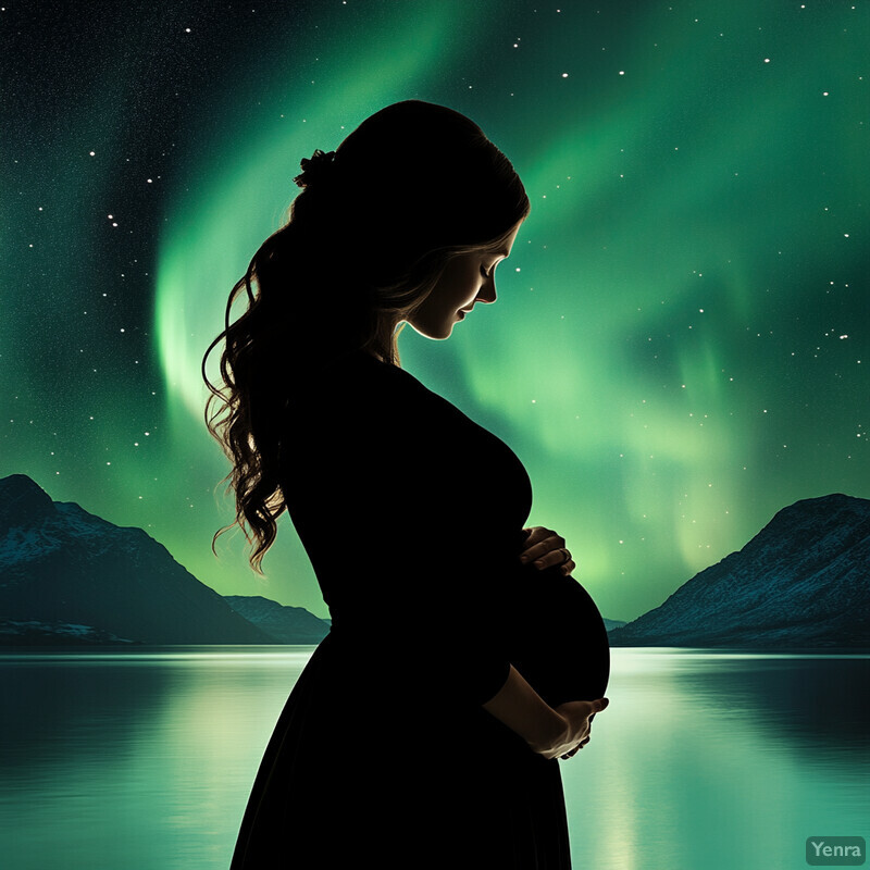 A pregnant woman stands in front of a serene lake, surrounded by majestic mountains and a breathtaking night sky filled with stars.