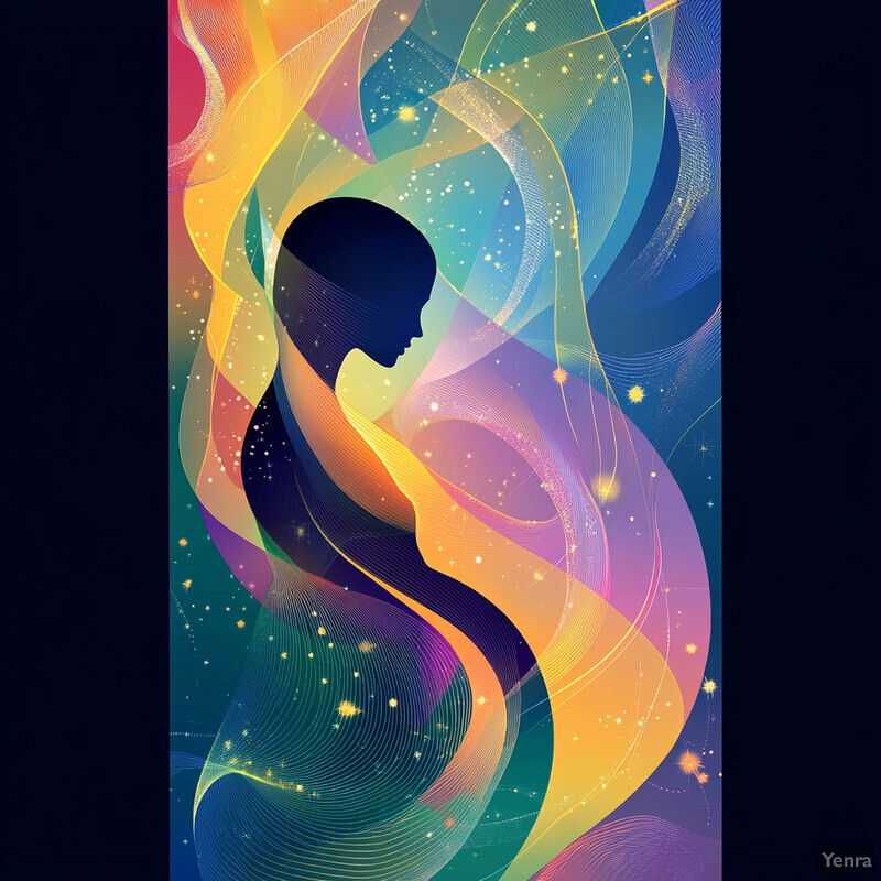 A dreamlike artwork featuring a silhouette of a woman against swirling clouds or smoke, set against a backdrop of distant mountains and hills.