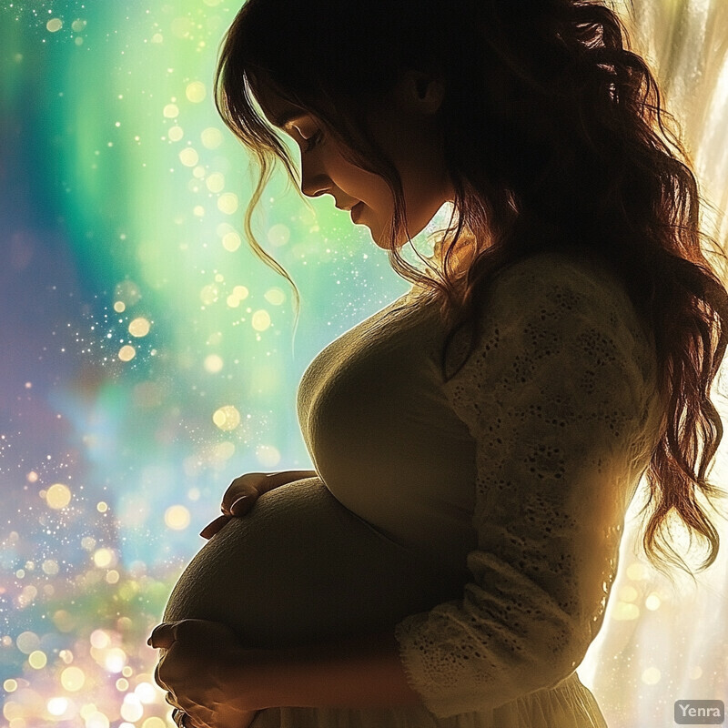 A serene and peaceful scene of a pregnant woman cradling her belly