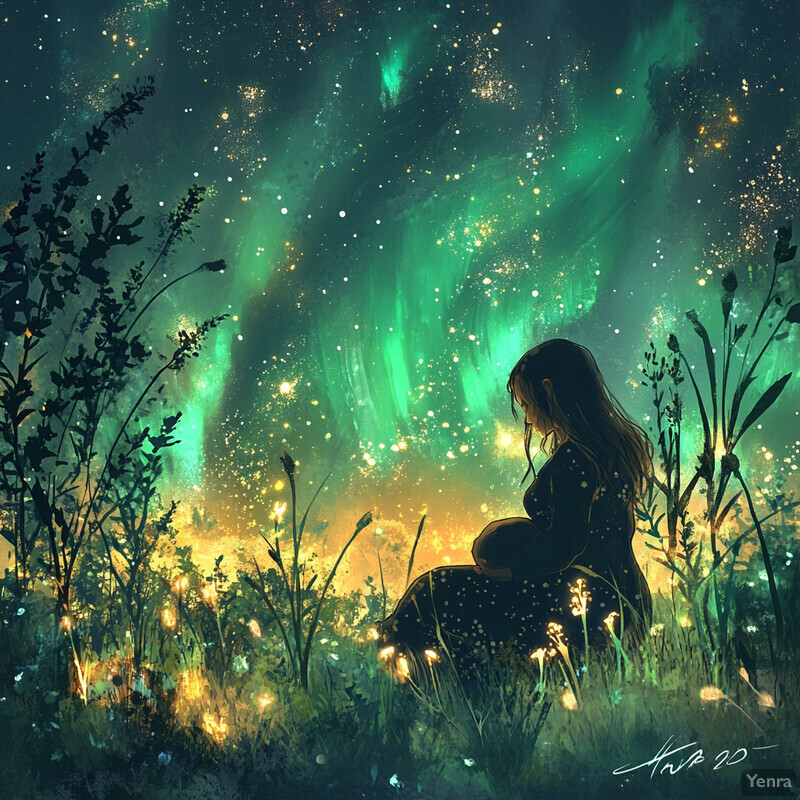 Woman sitting in a field of wildflowers under the aurora borealis.