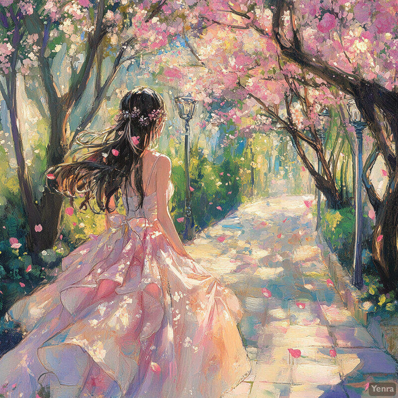 A serene scene of a woman walking down a path lined with blooming trees and flowers.