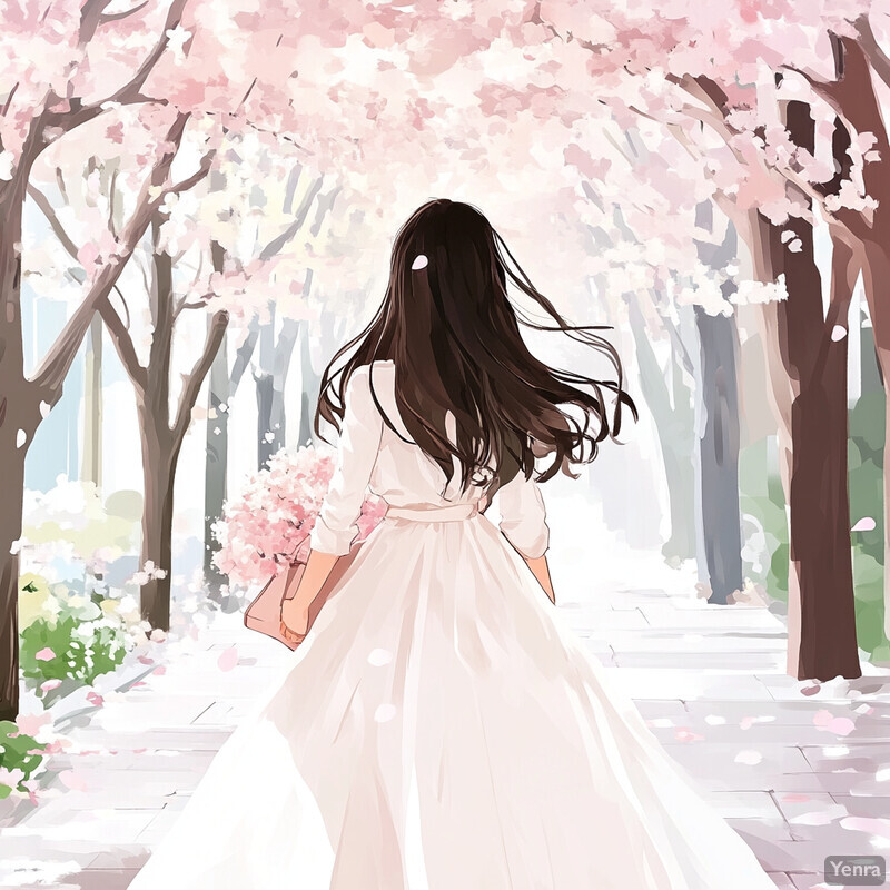 A woman walks down a path lined with blooming trees, surrounded by pink petals.