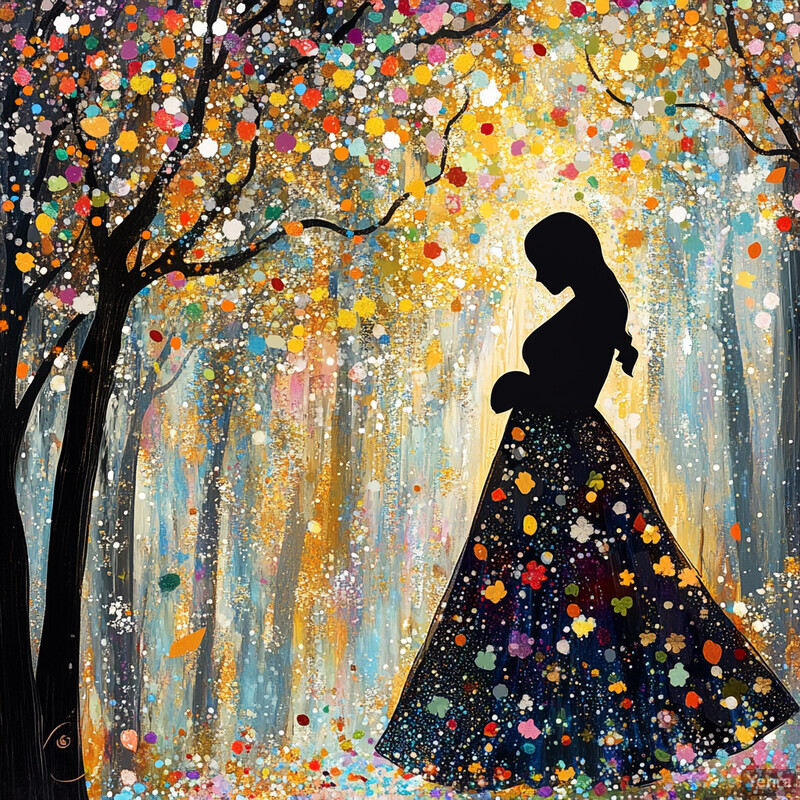 A pregnant woman stands in a forest surrounded by vibrant trees and flowers.