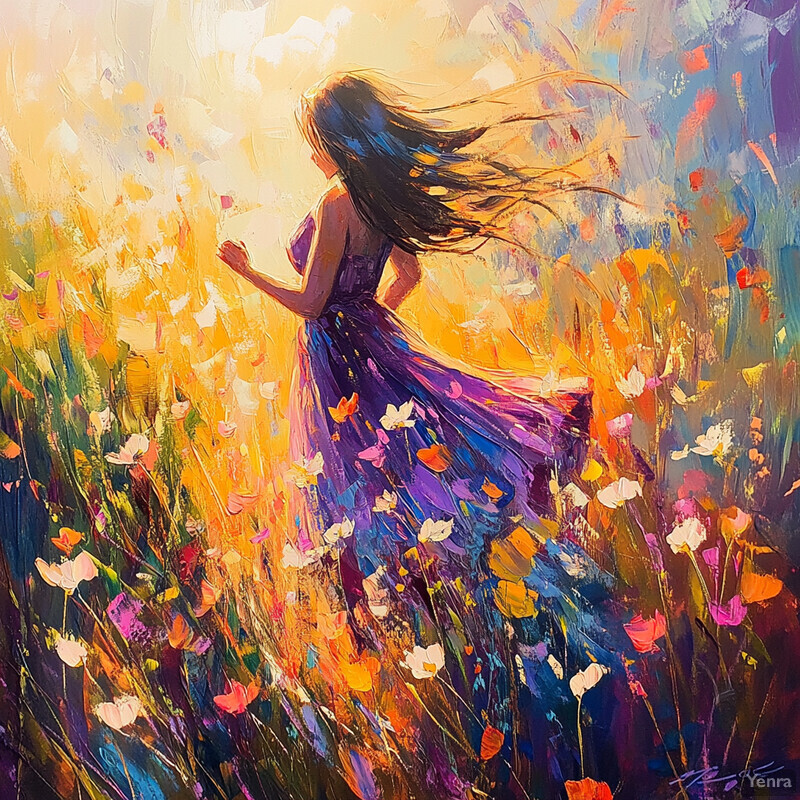 A serene and vibrant scene of a woman dancing in a field of flowers