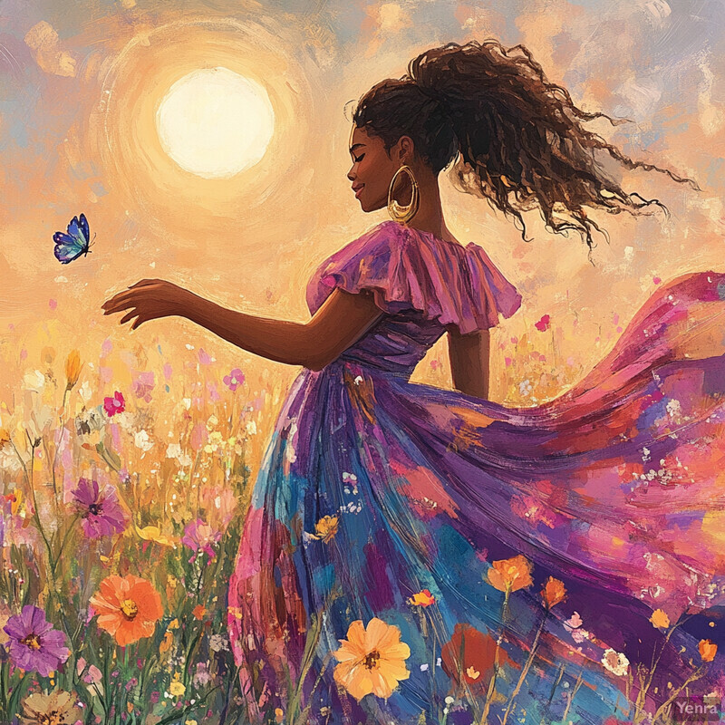 A woman stands in a field of wildflowers, surrounded by peace and tranquility.