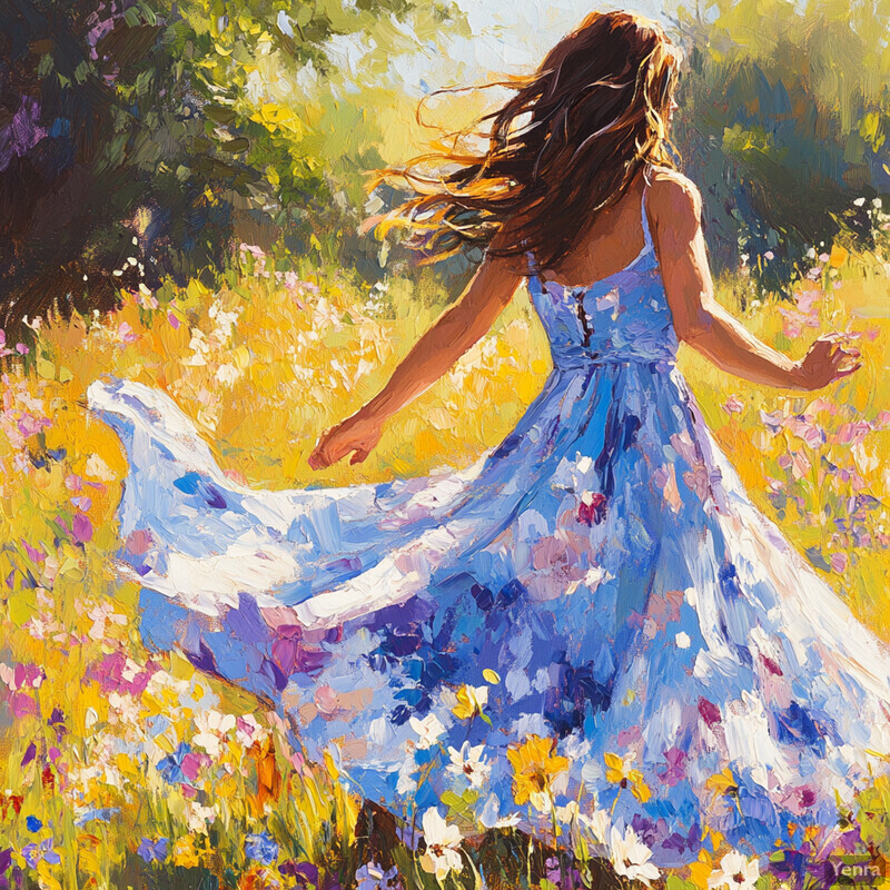 A serene image of a woman in a blue dress standing amidst wildflowers