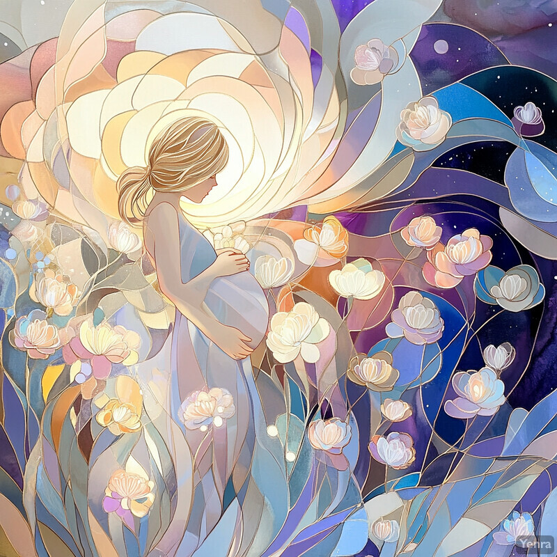 A serene and tranquil image featuring a woman surrounded by flowers.