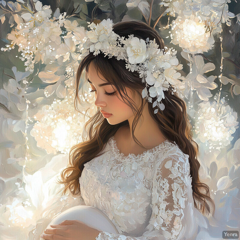 A serene and ethereal scene of a woman adorned with flowers in her hair, surrounded by lush greenery.