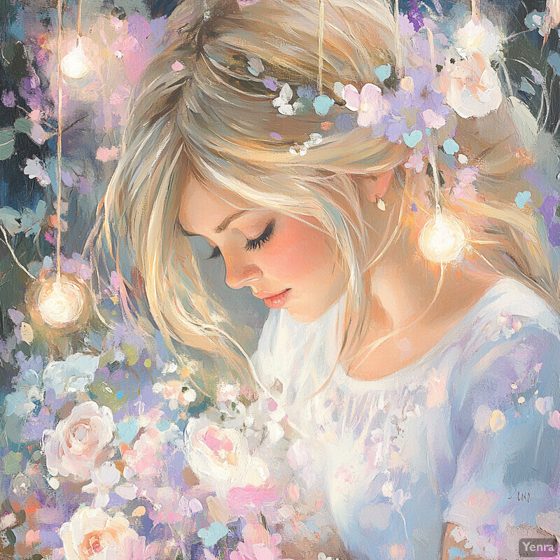 A serene and ethereal scene of a woman surrounded by flowers and lights.