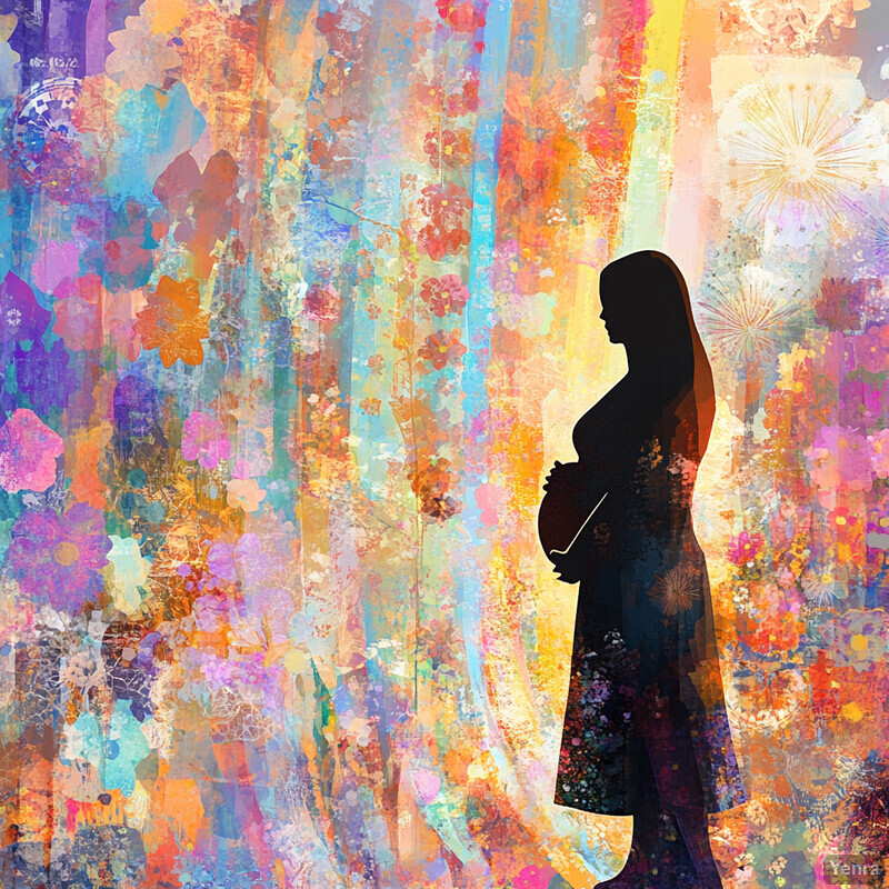 A pregnant woman stands in front of a vibrant, multicolored background, creating a dynamic and expressive effect.