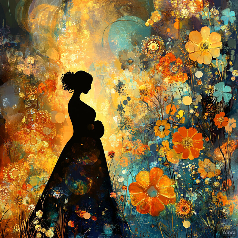 A pregnant woman stands in a field of blooming flowers, surrounded by a kaleidoscope of colors.